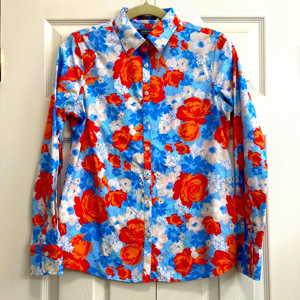 floral button down blouse shirt blue red orange white